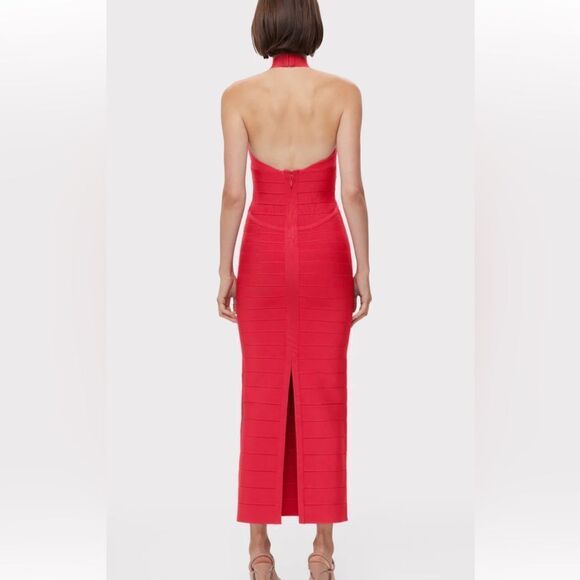 NWT Herve Leger ICON BANDAGE HALTER GOWN Large Rio Red - Picture 5 of 16
